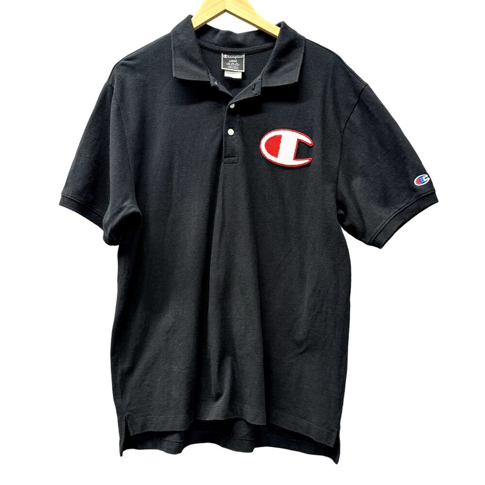 Champion Polo Shirt Mens Large Black Short Sleeve Logo Back Vintage